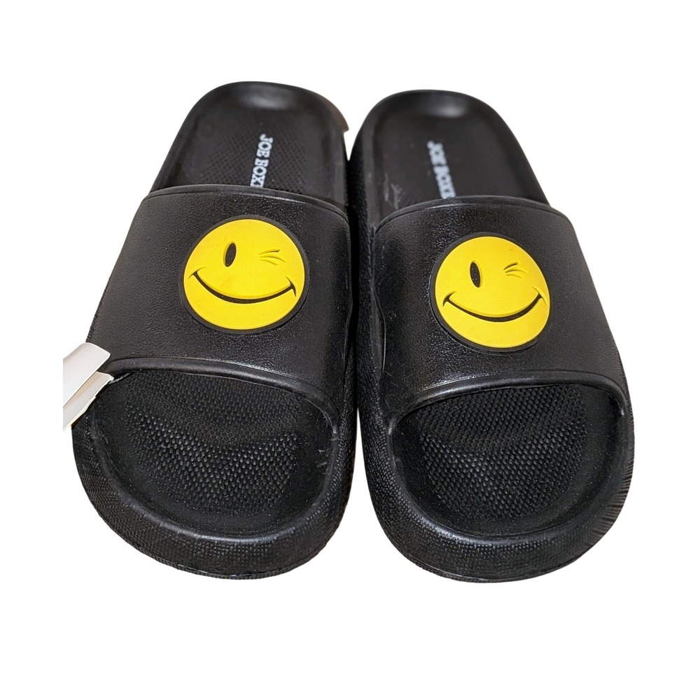 Joe Boxer Cloud Kids Black Smiley‎ Face Slides Sandals Size 3 NWT